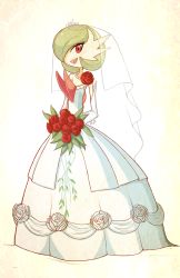 Rule 34 | 1girl, alternate costume, beige background, blush, bob cut, bouquet, bridal veil, clothed pokemon, creatures (company), dated, detached sleeves, dress, flower, full body, game freak, gardevoir, gen 3 pokemon, green hair, hair over one eye, highres, jewelry, looking at viewer, mega gardevoir, mega pokemon, necklace, nintendo, open mouth, own hands together, pearl necklace, pokemon, pokemon (creature), pokemon rse, red eyes, red flower, red rose, rose, sally (luna-arts), see-through, short hair, signature, simple background, smile, solo, standing, teeth, tiara, veil, wedding dress, white dress, white flower, white rose