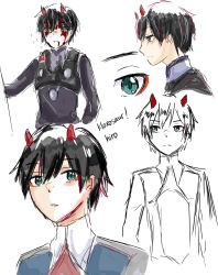 Rule 34 | 10s, 1boy, black bodysuit, black hair, blood, blood from mouth, blood on face, bodysuit, darling in the franxx, expressions, green eyes, highres, hiro (darling in the franxx), horns, klaxomaru, looking at viewer, male focus, military, military uniform, necktie, oni horns, pilot suit, red horns, red necktie, short hair, solo, uniform