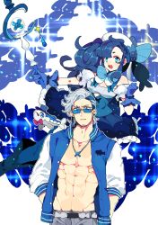 Rule 34 | + +, 1boy, 1girl, belt, blue dress, blue gloves, blue hair, blue legwear, bow, bowtie, braid, breasts, cleavage, creatures (company), dress, earrings, facial hair, fish earrings, game freak, gen 7 pokemon, glasses, gloves, grey pants, hat, highres, jacket, jewelry, looking at viewer, multicolored hair, muscular, navel, necklace, nintendo, open clothes, open jacket, pants, personification, pokemon, pokemon (creature), shioya (soooooolt), staff, standing, top hat, two-tone hair, white hair, white hat, wishiwashi, wishiwashi (school), wishiwashi (solo)