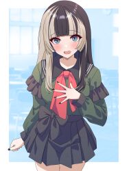 Rule 34 | 1girl, absurdres, black hair, black nails, black ribbon, black skirt, blonde hair, blue eyes, blunt bangs, blush, border, frilled sleeves, frills, hand on own chest, highres, hololive, hololive dev is, juufuutei raden, kuchitani, long hair, looking at viewer, multicolored hair, nail polish, open mouth, red ribbon, ribbon, simple background, skirt, solo, standing, streaked hair, thick eyelashes, two-tone hair, virtual youtuber, white border