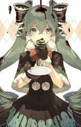 Rule 34 | 1girl, cats brain, chocolate, chocolate syrup, dress, gloves, green eyes, green hair, hair ribbon, hatsune miku, long hair, looking at viewer, matching hair/eyes, plate, ribbon, solo, twintails, very long hair, vocaloid