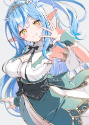 Rule 34 | 1girl, ahoge, back bow, blue hair, bow, breasts, cleavage, corset, detached collar, detached sleeves, dress, elf, flower, gold trim, green corset, green nails, green skirt, hair flower, hair ornament, hand up, hashtag-only commentary, heart, heart ahoge, highres, hololive, itaboon, lace-trimmed collar, lace trim, large bow, large breasts, long hair, looking at viewer, multicolored hair, neck ribbon, official alternate costume, one side up, overskirt, pointy ears, puffy short sleeves, puffy sleeves, ribbon, short sleeves, sidelocks, simple background, skirt, sleeveless, sleeveless dress, smile, solo, streaked hair, tiara, underbust, very long hair, virtual youtuber, waving, white background, white dress, wrist cuffs, yellow eyes, yukihana lamy, yukihana lamy (5th costume)