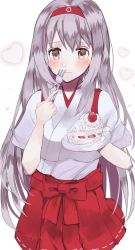 Rule 34 | 1girl, blush, brown eyes, cake, food, fork, hairband, hakama, hakama skirt, heart, highres, holding, holding fork, holding plate, japanese clothes, kantai collection, long hair, looking at viewer, plate, qqqmei, red hairband, red hakama, red skirt, short sleeves, shoukaku (kancolle), silver hair, skirt, solo, strawberry shortcake, wavy mouth