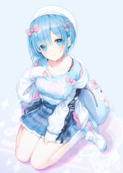 Rule 34 | 1girl, a20 (atsumaru), alternate costume, backpack, bag, blue hair, blue socks, blue shirt, blue skirt, blush, bow, bra strap, breasts, casual, closed mouth, clothes writing, collarbone, commentary request, frilled skirt, frills, from above, full body, hair bow, hair ornament, hand on own chest, head tilt, highres, jacket, kneehighs, long sleeves, looking at viewer, looking up, medium breasts, miniskirt, open clothes, open jacket, pink bow, plaid, plaid skirt, re:zero kara hajimeru isekai seikatsu, rem (re:zero), shirt, shoes, sitting, skirt, sleeves past wrists, smile, sneakers, socks, solo, wariza, white footwear, white headwear, white jacket, x hair ornament