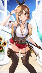Rule 34 | 1girl, absurdres, atelier (series), atelier ryza, blush, breast pocket, breasts, choker, cleavage, earrings, hairpin, hat, highres, jewelry, large breasts, medium breasts, multiple hairpins, pocket, red shorts, reisalin stout, short shorts, shorts, smile, solo, teeth, thigh strap, thighhighs, thighs, tsunagi123, white hat