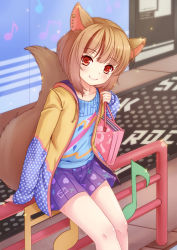 Rule 34 | 1girl, animal ears, bag, brown hair, commentary request, ear piercing, fennery (show by rock!!), fox ears, fox tail, handbag, hood, hood down, hoodie, long sleeves, miniskirt, multicolored hair, musical note, open clothes, open hoodie, piercing, rusha (r style), shirt, short hair, show by rock!!, sitting, skirt, streaked hair, tail