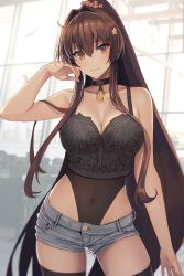 Rule 34 | 1girl, black choker, black thighhighs, breasts, brown eyes, brown hair, choker, cleavage, collarbone, crop top, denim, denim shorts, hair between eyes, hand up, high ponytail, highres, kantai collection, kasumi (skchkko), large breasts, long hair, looking at viewer, midriff, navel, parted lips, short shorts, shorts, smile, solo, swimsuit, swimsuit under clothes, thighhighs, yamato (kancolle)