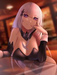 Rule 34 | 1girl, absurdres, black leotard, breast rest, breasts, cleavage, elf, finger to mouth, hair ornament, highres, large breasts, leotard, looking at viewer, pointy ears, purple eyes, re:zero kara hajimeru isekai seikatsu, reflection, satella (re:zero), silver hair, table, thick thighs, thighs, wide hips, witch