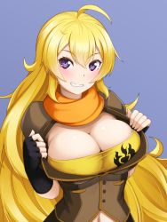 Rule 34 | 1girl, ahoge, alfort (may0508), bandeau, black gloves, black jacket, black shorts, blonde hair, blush, breasts, cleavage, clothes pull, fingerless gloves, gloves, grin, hair between eyes, highres, jacket, jacket pull, large breasts, long hair, looking at viewer, midriff, navel, open clothes, open jacket, purple eyes, rwby, scarf, shorts, simple background, smile, solo, standing, teasing, upper body, very long hair, yang xiao long, yellow scarf