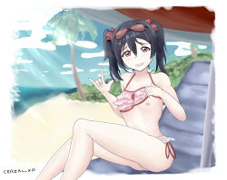 Rule 34 | 1girl, artist name, beach, beach chair, beach towel, bikini, bikini top lift, black hair, bow, breasts, cerealxs, clothes lift, collarbone, feet out of frame, female focus, frilled bikini, frills, hair bow, highres, lifted by self, looking at viewer, love live!, love live! school idol project, nipples, outdoors, palm tree, pink bikini, red bow, red eyes, short hair, side-tie bikini bottom, small breasts, smile, solo, sunglasses on head, swimsuit, teeth, thighs, towel, tree, twintails, yazawa nico