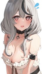 Rule 34 | 1girl, @ @, absurdres, bare shoulders, black hair, blush, braid, breasts, camisole, cleavage, collarbone, frilled camisole, frills, grey hair, highres, hololive, large breasts, medium hair, multicolored hair, no headwear, off shoulder, red eyes, ru airasuto, sakamata chloe, sakamata chloe (1st costume), side braid, simple background, solo, streaked hair, two-tone hair, upper body, virtual youtuber, wet, white background, white camisole