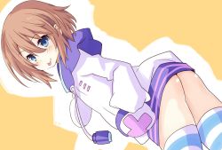 Rule 34 | 1girl, ass, blanc (neptunia), blue eyes, blush, brown hair, cosplay, from behind, hood, hoodie, iwashi dorobou -r-, looking at viewer, neptune (choujigen game neptune), neptune (choujigen game neptune) (cosplay), neptune (series), shiny skin, short hair, smile, solo, striped clothes, striped thighhighs, thighhighs, tongue, tongue out