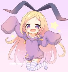 Rule 34 | 1girl, :d, arm up, bad id, bad pixiv id, black ribbon, blonde hair, blush, collarbone, drawstring, forehead, full body, hair ribbon, hand up, hood, hood down, hoodie, long hair, long sleeves, looking at viewer, mashiro miru, monster strike, no shoes, open mouth, pandora (monster strike), parted bangs, purple background, purple hoodie, red eyes, ribbon, simple background, sleeves past fingers, sleeves past wrists, smile, solo, star (symbol), starry background, striped clothes, striped thighhighs, thighhighs, twitter username, very long hair