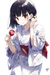 Rule 34 | 1girl, black hair, blunt bangs, blush, candy apple, closed mouth, commentary request, floral print, food, tucking hair, highres, holding, holding food, japanese clothes, kimono, long sleeves, looking at viewer, obi, original, red eyes, sash, school uniform, short hair, simple background, solo, takenoko no you, white background, white kimono, wide sleeves, yukata