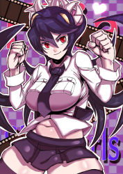 Rule 34 | 1girl, black hair, breasts, checkered background, clenched hands, copyright name, cowboy shot, filia (skullgirls), film strip, fukamichi ran&#039;ou, hands up, heart, highres, large breasts, legs apart, long hair, navel, necktie, pleated skirt, plump, purple background, red eyes, school uniform, skirt, skullgirls, slit pupils, smile, solo, thick thighs, thighhighs, thighs