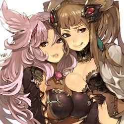Rule 34 | 10s, 2girls, animal ears, breast press, breasts, brown hair, cat ears, catharine (granblue fantasy), erune, eyebrows, granblue fantasy, hair ornament, kuzuno ha, large breasts, long hair, metera (granblue fantasy), mole, mole under mouth, multiple girls, parted lips, pink hair, simple background, smile, tongue, tongue out, white background