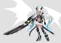 Rule 34 | 1girl, :3, bad id, bad twitter id, black gloves, blue eyes, blue hair, boots, commentary request, elbow gloves, fang, fingerless gloves, gloves, gradient hair, grey background, hair between eyes, high heel boots, high heels, holding, holding sword, holding weapon, horns, long hair, looking at viewer, low twintails, low wings, multicolored hair, navel, original, oversized object, samei ikusa, simple background, smile, solo, sword, thighhighs, twintails, very long hair, weapon, white hair, wings