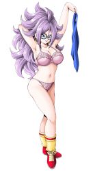 Rule 34 | 1girl, android 21, blue eyes, bra, breasts, cleavage, cosplay, dragon ball, full body, glasses, highres, large breasts, long hair, navel, panties, purple hair, ranfan, simple background, smile, tagme, underwear, vra, white background, young jijii