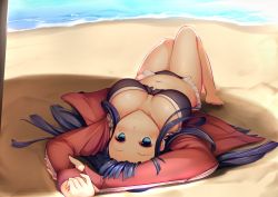 Rule 34 | 1girl, beach, bikini, black bikini, blue eyes, blue hair, blush, breasts, commentary, fate/grand order, fate (series), forehead, frilled bikini, frills, haribote (desk of coulomb), jacket, large breasts, light smile, long hair, looking at viewer, lying, martha (fate), martha (swimsuit ruler) (fate), martha (swimsuit ruler) (second ascension) (fate), matching hair/eyes, navel, ocean, on back, shade, smile, solo, stomach, swimsuit, thighs, track jacket, upside-down