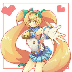 Rule 34 | 1girl, arc system works, armpits, bell, blazblue, blazblue: continuum shift, blonde hair, bow, gloves, green eyes, hair bow, hairband, heart, heart-shaped pupils, ire-ko, long hair, low-tied long hair, magical girl, microskirt, navel, outstretched hand, platinum the trinity, quad tails, skirt, solo, symbol-shaped pupils, two side up, very long hair