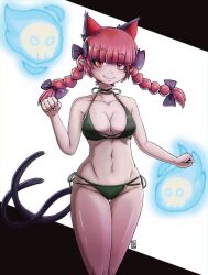 Rule 34 | 1girl, absurdres, animal ears, bikini, black background, blunt bangs, breasts, cat ears, cat girl, cat tail, cleavage, closed mouth, commentary, english commentary, extra ears, green bikini, highres, hitodama, kaenbyou rin, large breasts, looking at viewer, multiple tails, nekomata, noldvano, red eyes, red hair, smile, solo, swimsuit, tail, touhou, two-tone background, two tails, white background