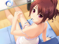 Rule 34 | 1girl, arm support, bare legs, bare shoulders, barefoot, bowl, breasts, brown hair, camisole, downblouse, frills, game cg, hair ornament, hairclip, highres, looking at viewer, looking back, mebae (game), nipple slip, nipples, no bra, nonohara miki, purple eyes, red eyes, sakura anna, short ponytail, small breasts, solo, spoon, strap slip