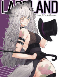 Rule 34 | 1girl, alternate costume, animal ears, arknights, arm strap, ass, bare arms, bare shoulders, black choker, black dress, black gloves, blue eyes, breasts, cane, character name, choker, commentary request, cowboy shot, dress, facial tattoo, from side, gloves, grin, hair between eyes, hat, heart, heart tattoo, highres, holding, holding cane, holding clothes, holding hat, lappland (arknights), long hair, looking at viewer, medium breasts, one eye closed, purple background, shoulder tattoo, silver hair, smile, solo, tail, tattoo, top hat, two-tone background, unworn hat, unworn headwear, white background, wolf ears, wolf tail, ya kexi