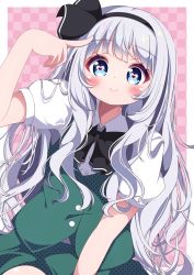 Rule 34 | 1girl, alternate hair length, alternate hairstyle, blue eyes, blush, bow, bowtie, checkered background, cowboy shot, g4ku, hairband, hand up, heart, heart-shaped pupils, highres, konpaku youmu, long hair, looking at viewer, silver hair, smile, solo, symbol-shaped pupils, touhou, very long hair, vest