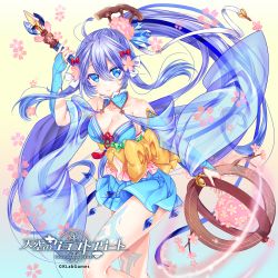 Rule 34 | 1girl, blue eyes, blue hair, breasts, cherry blossoms, cleavage, company name, copyright name, flower, hair flower, hair ornament, highres, long hair, looking at viewer, medium breasts, midriff, navel, official art, ponytail, solo, teltelhousi, tenkuu no craft fleet, very long hair, wand