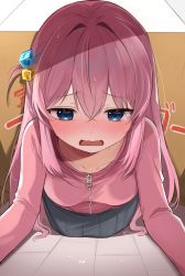 Rule 34 | 1girl, absurdres, bad id, bad twitter id, blue eyes, blush, bocchi the rock!, box, cardboard box, cube hair ornament, gotoh hitori, grey skirt, hair between eyes, hair ornament, highres, jacket, ksubi (toxtricitygf), long hair, one side up, open mouth, pink hair, pink jacket, pleated skirt, skirt, solo, sweat