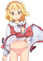 Rule 34 | 1girl, arm at side, blonde hair, bow, bow panties, brown ribbon, clenched hands, clothes lift, collarbone, collared shirt, contrapposto, cowboy shot, d:, djheycha, dot nose, dress, dress lift, floating hair, frilled dress, frilled panties, frilled shirt collar, frilled sleeves, frills, from below, gluteal fold, green eyes, groin, hair bow, hairband, highres, idolmaster, idolmaster cinderella girls, long sleeves, looking at viewer, looking down, midriff, navel, neck ribbon, open mouth, panties, pantyshot, petals, petticoat, pinafore dress, pink bow, pink dress, pink panties, red hairband, ribbon, sakurai momoka, shirt, shirt lift, short hair, simple background, sleeveless dress, solo, standing, tsurime, underwear, wavy hair, wavy mouth, white background, white shirt, wind, wind lift
