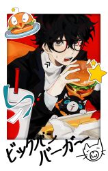Rule 34 | 1boy, absurdres, amamiya ren, black-framed eyewear, black cat, black eyes, black hair, black jacket, burger, cat, cheese, cup, disposable cup, drinking straw, elbow gloves, fast food, food, food on face, food wrapper, french fries, glasses, gloves, hair between eyes, highres, holding, holding burger, holding food, jacket, lettuce, long sleeves, looking at viewer, male focus, morgana (persona 5), open mouth, persona, persona 5, plate, polaroid, school uniform, shirt, short hair, shuujin academy school uniform, sijia (jd5vlp), solo, sweat, tomato, tomato slice, turtleneck, white shirt