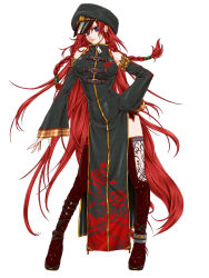 Rule 34 | 1girl, alternate costume, bare shoulders, belt, blue eyes, boots, braid, breasts, contrapposto, detached sleeves, earrings, hair tubes, hand on own hip, hat, highres, hong meiling, jewelry, ledjoker07, long hair, looking at viewer, red hair, simple background, solo, standing, star (symbol), thigh boots, thighhighs, touhou, twin braids, very long hair, white background, zipper