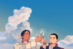 Rule 34 | 2boys, black hair, blue background, blue sky, bottle, chengongzi123, closed mouth, cloud, collared jacket, collared shirt, dark-skinned male, dark skin, facial hair, glint, goatee stubble, golden kamuy, green eyes, hand up, highres, holding, holding bottle, jacket, long sleeves, looking at object, male focus, military uniform, multiple boys, shirt, short hair, sky, smile, stubble, toasting (gesture), uniform, upper body, very short hair