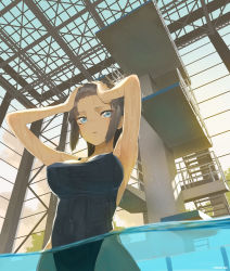 Rule 34 | 1girl, armpits, arms up, black hair, blue eyes, breasts, cleavage, diving platform, covered erect nipples, facial mark, forehead mark, highres, long hair, one-piece swimsuit, original, parted lips, partially underwater shot, pool, swimsuit, throtem, wading, wet