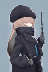 1girl animal_ears arknights bag beret black_bag black_hat black_jacket blue_background brown_hair floppy_ears hair_over_eyes hat highres holding holding_wand jacket kidzuchi long_sleeves rabbit_ears rabbit_girl reserve_operator_caster_(arknights) short_hair shoulder_bag simple_background solo upper_body wand