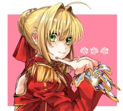 Rule 34 | 1girl, ahoge, blonde hair, border, braid, closed mouth, commentary request, dress, epaulettes, fate/extra, fate (series), finger to mouth, french braid, green eyes, hair between eyes, hair bun, hair intakes, hair ribbon, index finger raised, keiasik, long sleeves, looking at viewer, nero claudius (fate), nero claudius (fate) (all), nero claudius (fate/extra), outside border, red dress, red ribbon, ribbon, short hair, sidelocks, smile, solo, upper body, white border