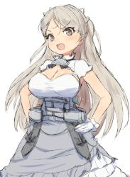 Rule 34 | 1girl, alchera, breasts, brown eyes, cleavage, cleavage cutout, clothing cutout, commentary request, conte di cavour (kancolle), conte di cavour nuovo (kancolle), corset, cowboy shot, dress, frilled dress, frills, gloves, hands on own hips, kantai collection, large breasts, long hair, one-hour drawing challenge, silver hair, simple background, solo, two side up, white background, white dress, white gloves