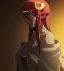 Rule 34 | 10s, 1girl, breasts, female focus, gradient background, highres, large breasts, long hair, miia (monster musume), monster girl, monster musume no iru nichijou, red hair, sideboob, sitting, solo, stitched, third-party edit