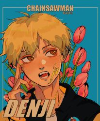 Rule 34 | 1boy, alternate costume, artist name, blonde hair, blue background, blvpr1nt, chainsaw man, character name, denji (chainsaw man), english text, flower, head on hand, highres, jacket, looking to the side, open mouth, pochita (chainsaw man), sharp teeth, short hair, solo, teeth, tulip