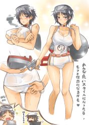 Rule 34 | 10s, 2girls, adjusting clothes, adjusting swimsuit, ass, black hair, blue eyes, blush, breasts, choker, cleavage, cropped legs, diving mask, diving mask on head, goggles, goggles on head, imagining, kantai collection, kiso (kancolle), large breasts, maru-yu (kancolle), multiple girls, okitakung, aged up, one-piece swimsuit, personification, school swimsuit, short hair, smile, solo focus, swimsuit, torn clothes, torn swimsuit, translation request, white school swimsuit, white one-piece swimsuit