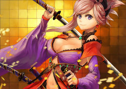 Rule 34 | 1girl, asymmetrical hair, autumn leaves, bad id, bad pixiv id, blue eyes, blue kimono, breasts, clothing cutout, detached sleeves, dual wielding, earrings, fate/grand order, fate (series), floral print, hair ornament, highres, holding, holding sword, holding weapon, japanese clothes, jewelry, katana, kimono, large breasts, magatama, miyamoto musashi (fate), miyamoto musashi (third ascension) (fate), navel cutout, obi, pink hair, ponytail, sash, sheath, short kimono, sleeveless, sleeveless kimono, solo, srsojiro, sword, unsheathed, weapon
