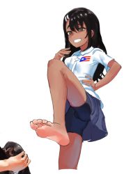 Rule 34 | bike shorts, black hair, black shorts, black skirt, brown eyes, commentary, dark-skinned female, dark skin, dress shirt, english commentary, feet, foot focus, foot up, grin, hair ornament, hairclip, hand on own hip, hand on own chest, ijiranaide nagatoro-san, leg up, long hair, looking at viewer, nagatoro hayase, pov, pov hands, presenting foot, puerto rican flag, raised eyebrows, shirt, shorts, simple background, skirt, smile, soles, standing, standing on one leg, thick eyebrows, toes, upskirt, vodkuh, white background, white shirt