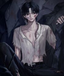 Rule 34 | 1boy, bandaged head, bandages, black hair, blue eyes, bruise, chrollo lucilfer, commentary request, highres, hunter x hunter, injury, kann 55, korean commentary, male focus, on floor, pants, pectoral cleavage, pectorals, rubble, shirt, short hair, sitting, solo, torn clothes, torn shirt