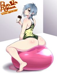 Rule 34 | 1girl, agawa ryou, amemiya tamae, artist name, ass, ball, bare shoulders, barefoot, blush, brown eyes, cup, drink, drinking straw, exercise ball, from behind, gradient background, hair over one eye, huge ass, lips, long hair, looking at viewer, looking back, original, ponytail, short shorts, shorts, silver hair, sitting, sleeveless, solo, thighs, watermark, web address