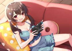 Rule 34 | 1girl, :d, bare arms, bare shoulders, black hair, blue shirt, blue shorts, breasts, cleavage, collarbone, couch, crop top, game console, hair ornament, hairclip, holding, itoi toi, long hair, looking at viewer, medium breasts, midriff, navel, nintendo switch, on couch, open mouth, original, pillow, reclining, red eyes, shirt, shorts, sleeveless, sleeveless shirt, smile, solo, spaghetti strap, twintails