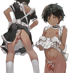 Rule 34 | 1boy, absurdres, arknights, ass, bishounen, black hair, closed mouth, clothes lift, commentary, cowboy shot, dark-skinned male, dark skin, english commentary, erection, flaccid, gift, highres, inverted nipples, itsme takk, kneehighs, looking at viewer, maid, male focus, midriff, navel, original, penis, penis ribbon, ribbon, simple background, socks, testicles, thorns (arknights), trap, white background, white ribbon, yellow eyes