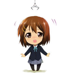 Rule 34 | 1girl, brown eyes, brown hair, chibi, crane game, full body, happy, heart, heart in mouth, hirasawa yui, k-on!, kaiga, looking at viewer, matching hair/eyes, miniskirt, pantyhose, pigeon-toed, pleated skirt, school uniform, short hair, simple background, skirt, smile, solo, standing, white background