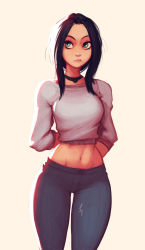 Rule 34 | 1girl, arm behind back, black hair, breasts, choker, commentary, green eyes, highres, lips, long hair, looking away, looking to the side, medium breasts, midriff, navel, original, pants, raichiyo33, rolling eyes, simple background, solo, standing, thighs, tight clothes, tight pants, yellow background