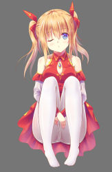 Rule 34 | 1girl, ame wa a ga tsutano?, blue eyes, breasts, cleavage, cleavage cutout, clothing cutout, detached sleeves, dress, grey background, hair ribbon, light brown hair, looking at viewer, one eye closed, original, pantyhose, red dress, red ribbon, ribbon, simple background, sitting, solo, twintails, white pantyhose